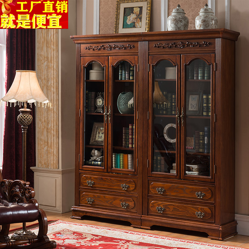 美式实木书柜欧式转角老板书房储物柜组合双门玻璃书橱卯榫奢华型