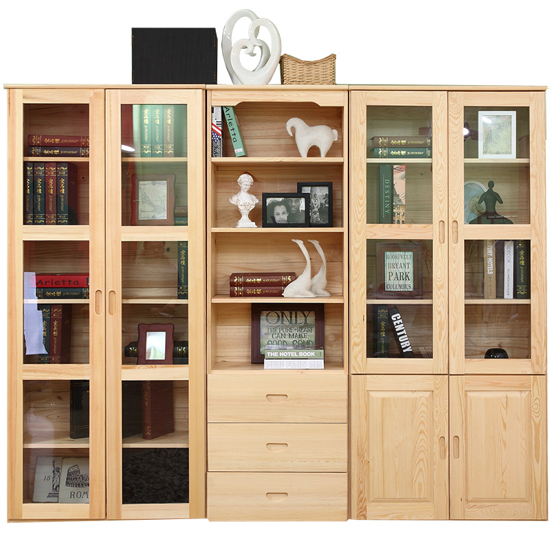 全实木书柜书架组合带钢化玻璃门松木书橱学生置物架落地原木储物